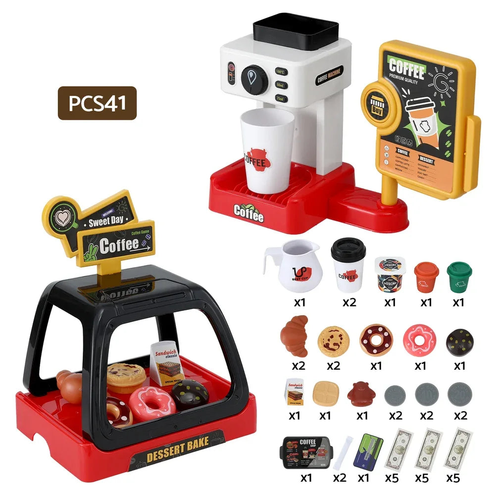 Keezi Kids Pretend Role Play Toy Coffee Shop with Coffee Maker Machine Play Money Food Tea Party Set - Mekamart Australia