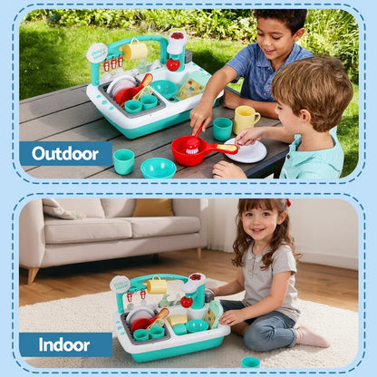 Keezi Kids Kitchen Play Set Play Pretend Sink Dishwasher Toys Green - Mekamart Australia