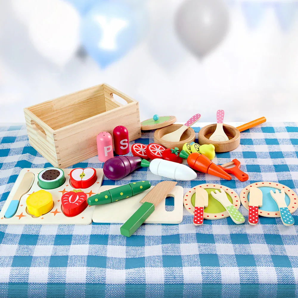 Keezi Kids Kitchen Play Set Wooden Pretend Toys Cooking Utensils Pots Pans Food - Mekamart Australia