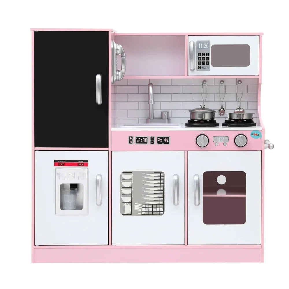 Keezi Kids Wooden Pretend Kitchen Play Set Cooking Toys Pot Ice Cup Oven Blackboard 80CM Pink - Mekamart Australia