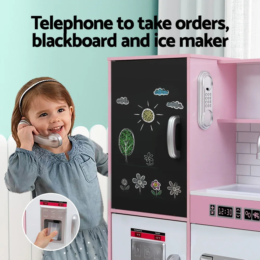 Keezi Kids Wooden Pretend Kitchen Play Set Cooking Toys Pot Ice Cup Oven Blackboard 80CM Pink - Mekamart Australia