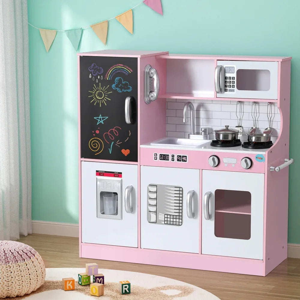 Keezi Kids Wooden Pretend Kitchen Play Set Cooking Toys Pot Ice Cup Oven Blackboard 80CM Pink - Mekamart Australia