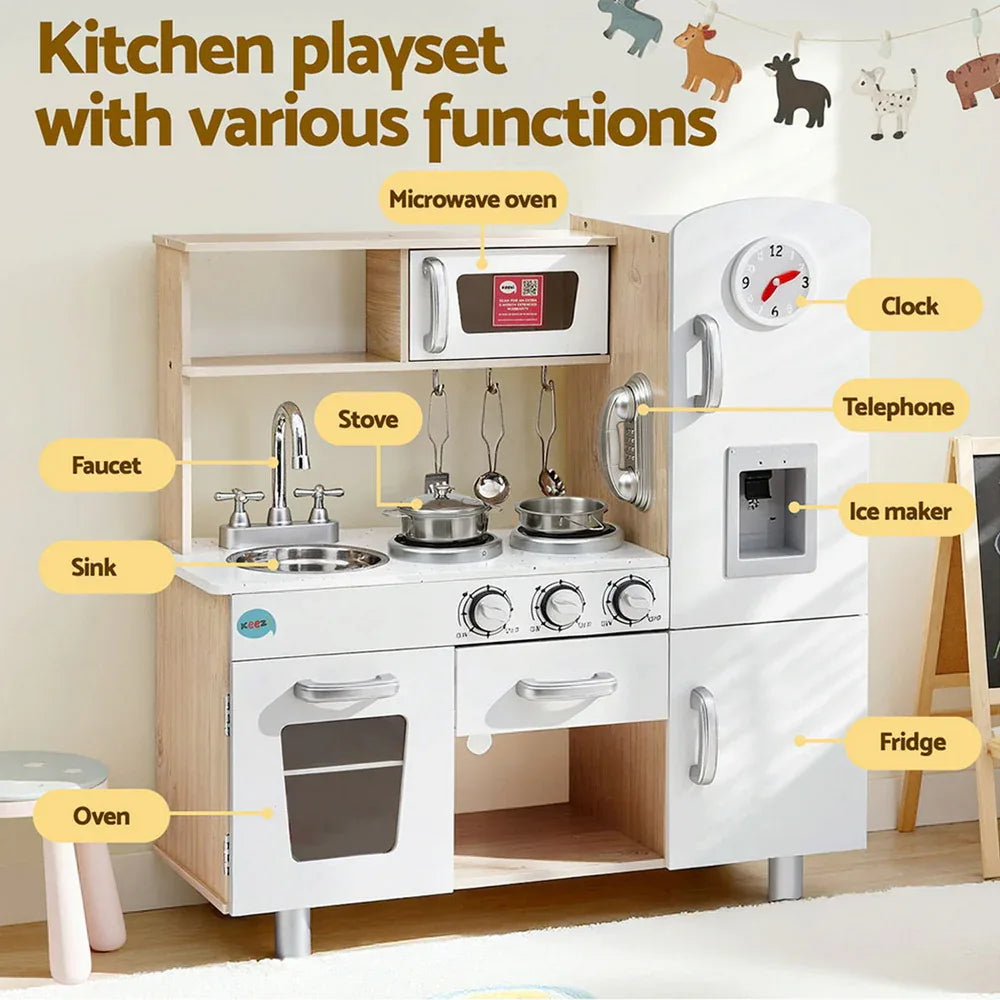 Keezi Kids Kitchen Play Set Wooden Pretend Toys Cooking Children Clock Beige - Mekamart Australia