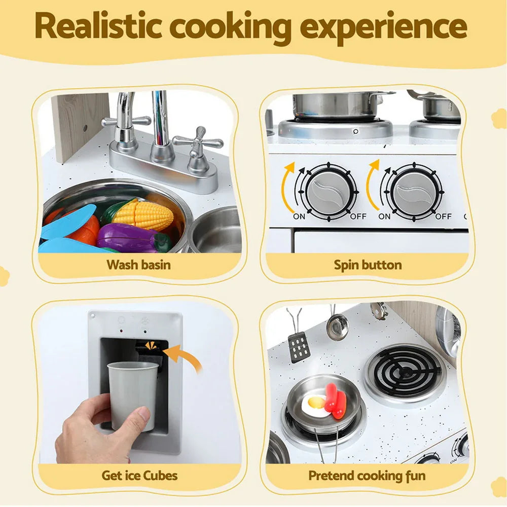 Keezi Kids Kitchen Play Set Wooden Pretend Toys Cooking Children Clock Beige - Mekamart Australia