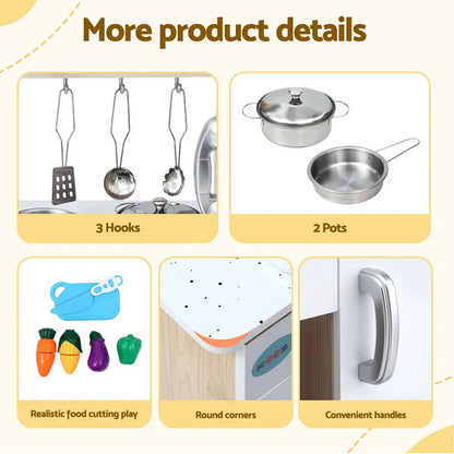 Keezi Kids Kitchen Play Set Wooden Pretend Toys Cooking Children Clock Beige - Mekamart Australia