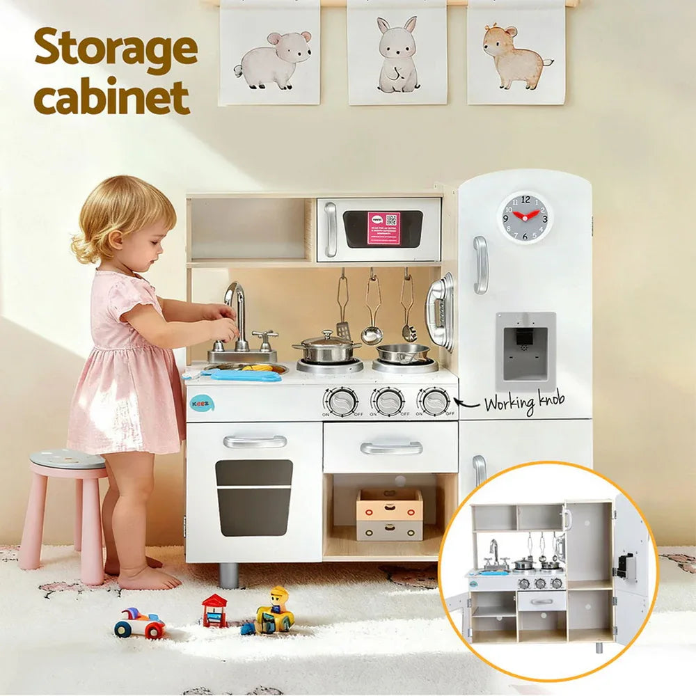Keezi Kids Kitchen Play Set Wooden Pretend Toys Cooking Children Clock Beige - Mekamart Australia