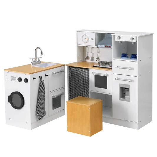 Keezi Kids Kitchen Playset 2-Piece Wooden Pretend Play Coffee Maker Toy 80CM White - Mekamart Australia