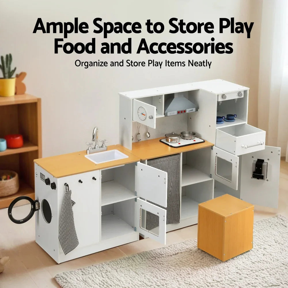 Keezi Kids Kitchen Playset 2-Piece Wooden Pretend Play Coffee Maker Toy 80CM White - Mekamart Australia
