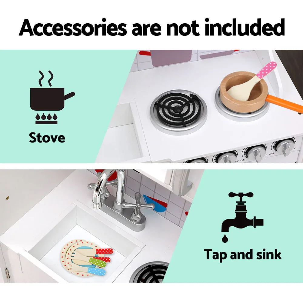 Keezi Kids Kitchen Play Set Wooden Pretend Toys Cooking Children Storage White - Mekamart Australia
