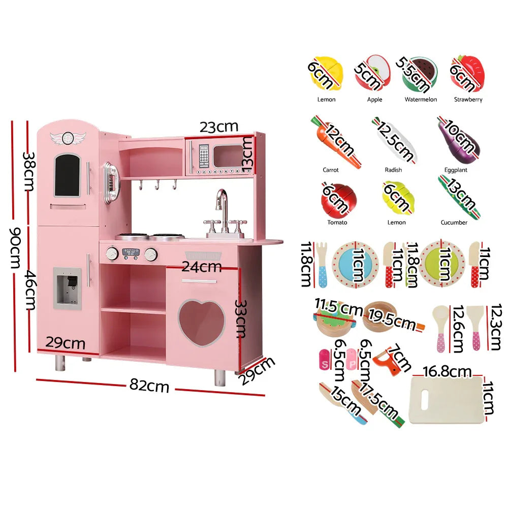 Keezi Kids Kitchen Play Set Wooden Pretend Toys Cooking Children Food Pink - Mekamart Australia