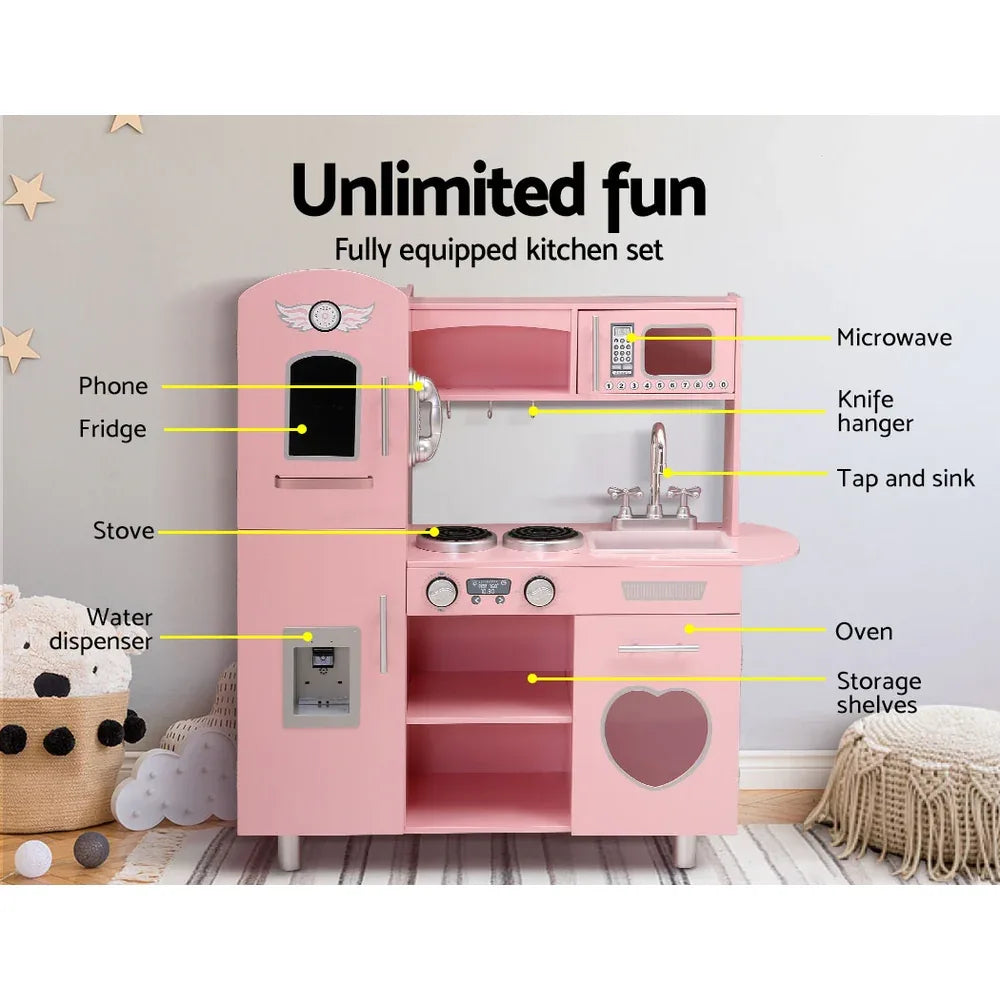 Keezi Kids Kitchen Play Set Wooden Pretend Toys Cooking Children Food Pink - Mekamart Australia