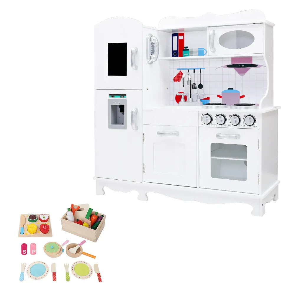 Keezi Kids Kitchen Play Set Wooden Pretend Toys Cooking Children Food White - Mekamart Australia