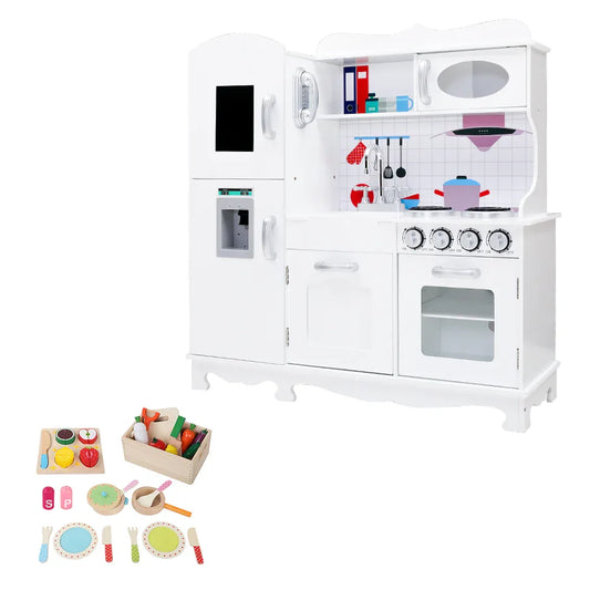 Keezi Kids Kitchen Play Set Wooden Pretend Toys Cooking Children Food White - Mekamart Australia