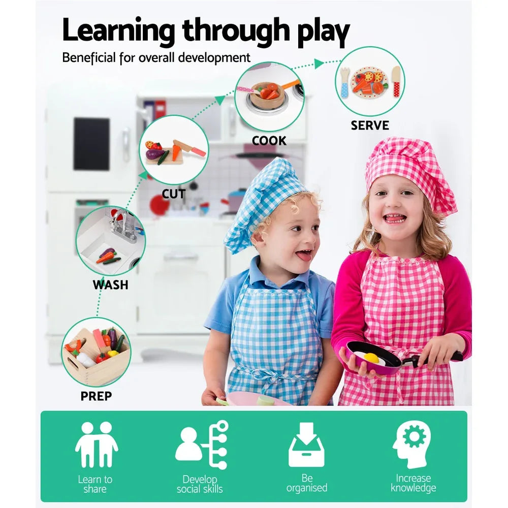 Keezi Kids Kitchen Play Set Wooden Pretend Toys Cooking Children Food White - Mekamart Australia