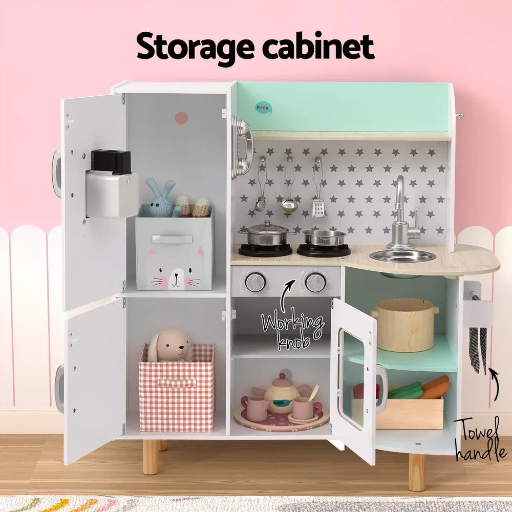 Keezi Kids Wooden Pretend Kitchen Play Sets Cooking Toys Oven Fridge 85CM Green - Mekamart Australia