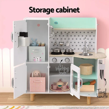 Keezi Kids Wooden Pretend Kitchen Play Sets Cooking Toys Oven Fridge 85CM Green - Mekamart Australia