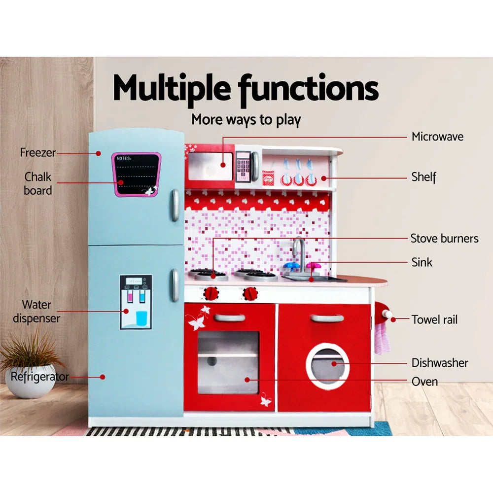 Keezi Kids Kitchen Play Set Wooden Pretend Toys Cooking Children Fridge Oven Red - Mekamart Australia