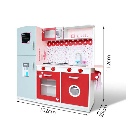 Keezi Kids Kitchen Play Set Wooden Pretend Toys Cooking Children Fridge Oven Red - Mekamart Australia