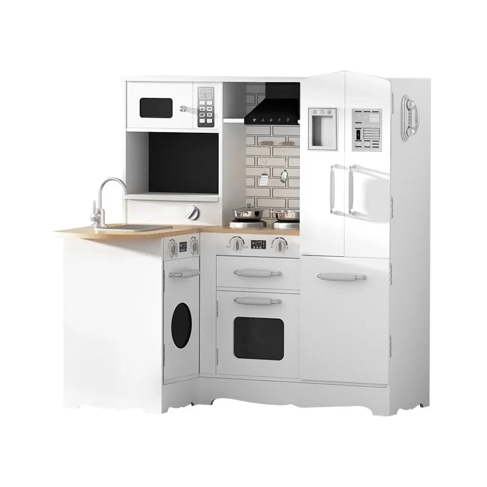 Keezi Kids Kitchen Play Set Wooden Pretend Toys Cooking Children Fridge White - Mekamart Australia