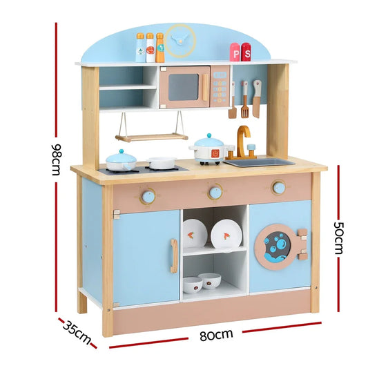 Keezi Kids Wooden Pretend Kitchen Play Sets Cooking Toys Pot Pan Bowls Oven Dishwasher 80CM Blue - Mekamart Australia