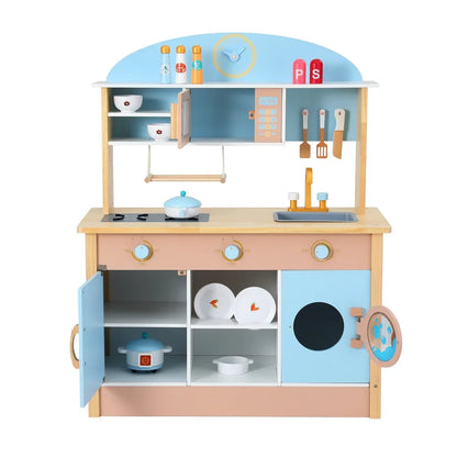 Keezi Kids Wooden Pretend Kitchen Play Sets Cooking Toys Pot Pan Bowls Oven Dishwasher 80CM Blue - Mekamart Australia