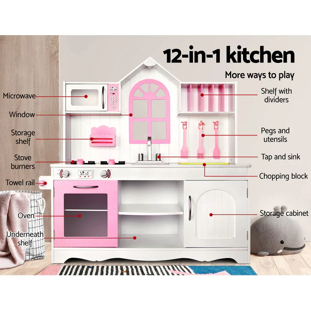 Keezi Kids Kitchen Play Set Wooden Pretend Toys Cooking Children Storage Cabinet - Mekamart Australia