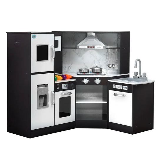 Keezi Kids Kitchen Play Set Wooden Pretend Cooking Playset w/Sounds Lights Black - Mekamart Australia
