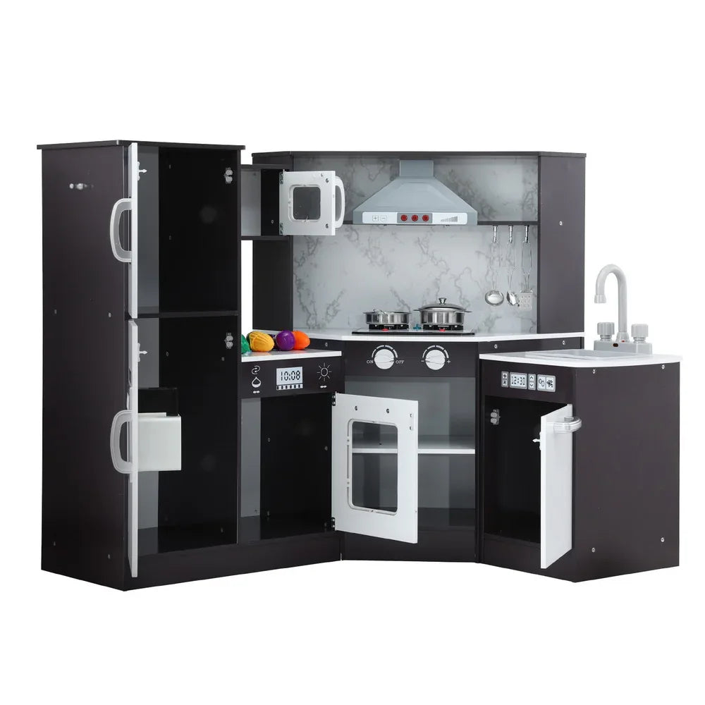 Keezi Kids Kitchen Play Set Wooden Pretend Cooking Playset w/Sounds Lights Black - Mekamart Australia