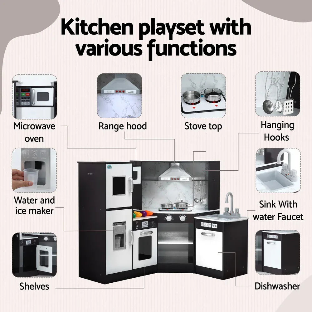 Keezi Kids Kitchen Play Set Wooden Pretend Cooking Playset w/Sounds Lights Black - Mekamart Australia