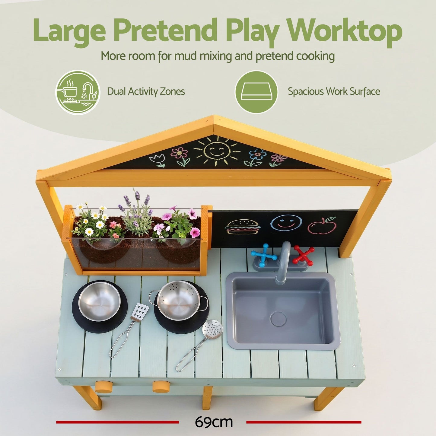Keezi Kids Mud Kitchen Play Kitchen Toy Kitchen Set with Blackboard 110cm