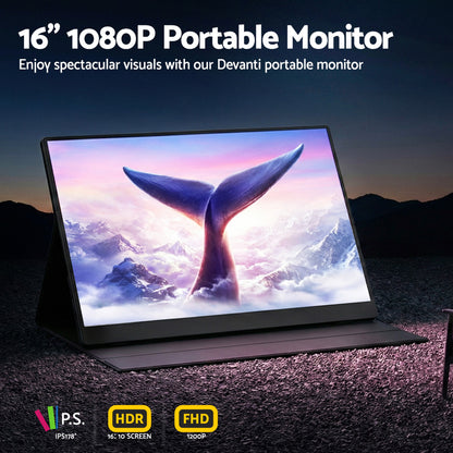 Devanti Portable Monitor Laptop Extender USB C Travel Display 16 Inch Black