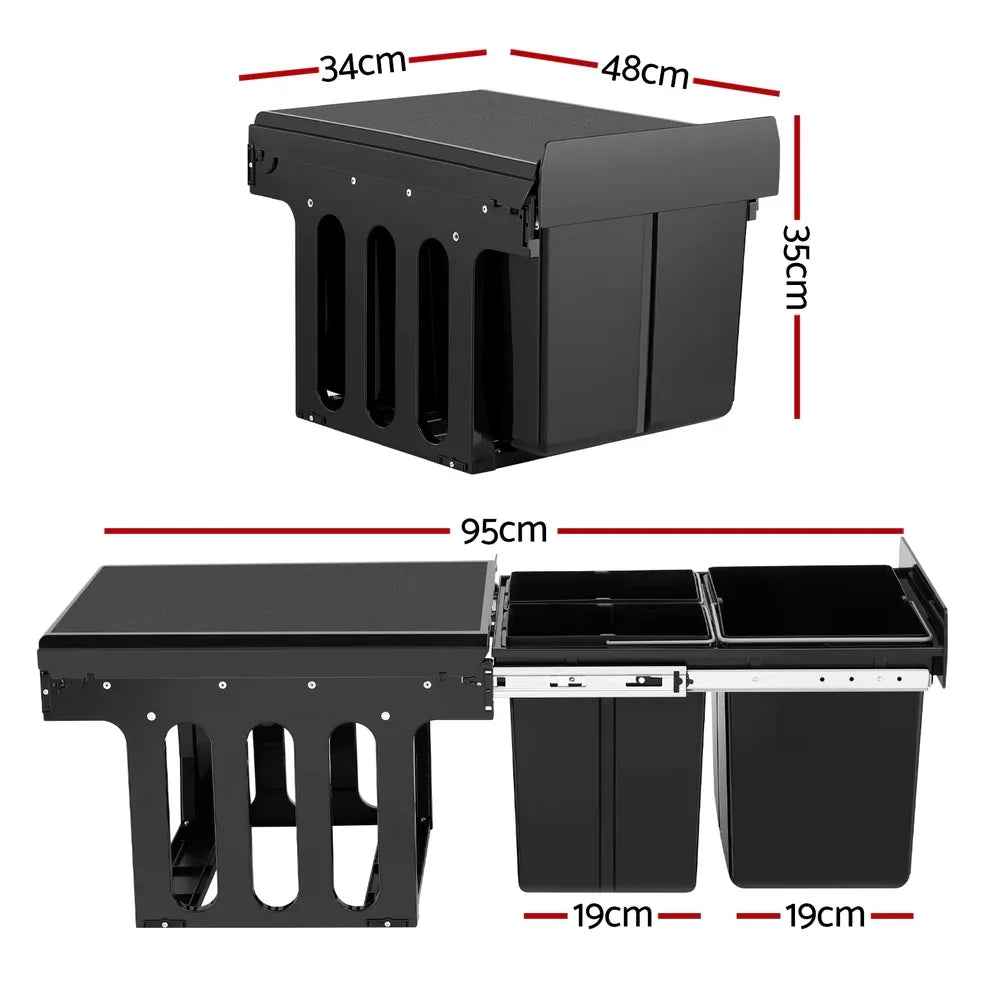 Cefito Pull Out Bin Kitchen Triple Slide Garbage Rubbish Bins Basket Blcak 31L - Mekamart Australia
