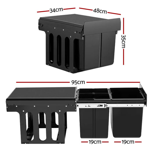 Cefito Pull Out Bin Kitchen Triple Slide Garbage Rubbish Bins Basket Blcak 31L - Mekamart Australia