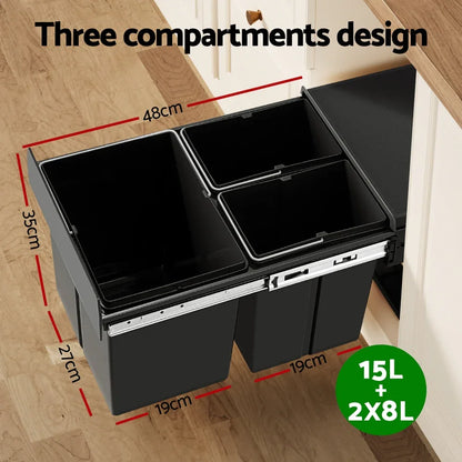 Cefito Pull Out Bin Kitchen Triple Slide Garbage Rubbish Bins Basket Blcak 31L - Mekamart Australia
