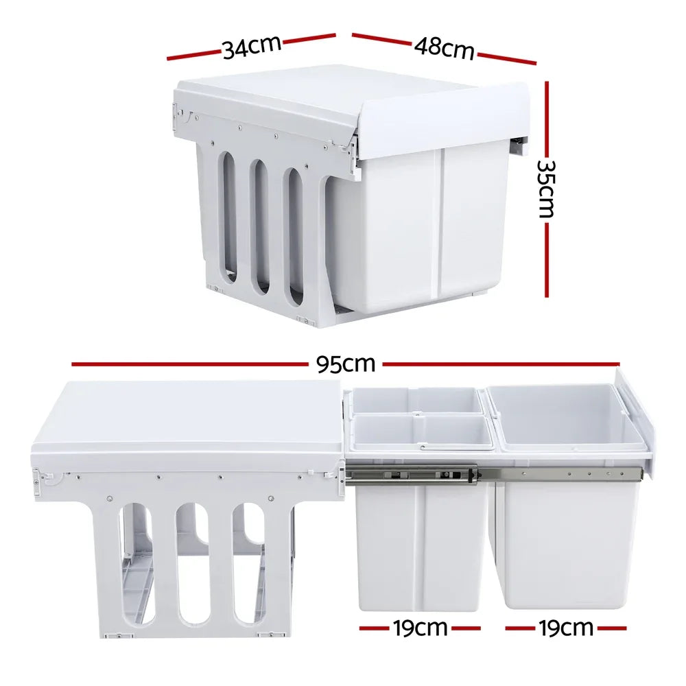 Cefito Pull Out Bin Kitchen Triple Slide Garbage Rubbish Bins Basket White 31L - Mekamart Australia