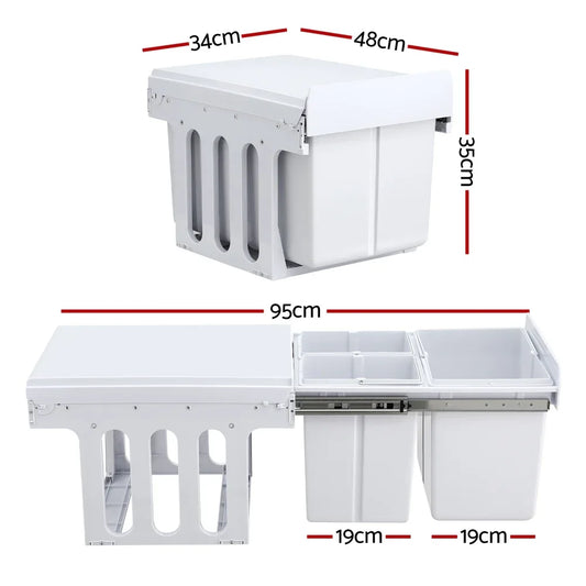 Cefito Pull Out Bin Kitchen Triple Slide Garbage Rubbish Bins Basket White 31L - Mekamart Australia