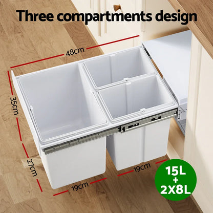 Cefito Pull Out Bin Kitchen Triple Slide Garbage Rubbish Bins Basket White 31L - Mekamart Australia