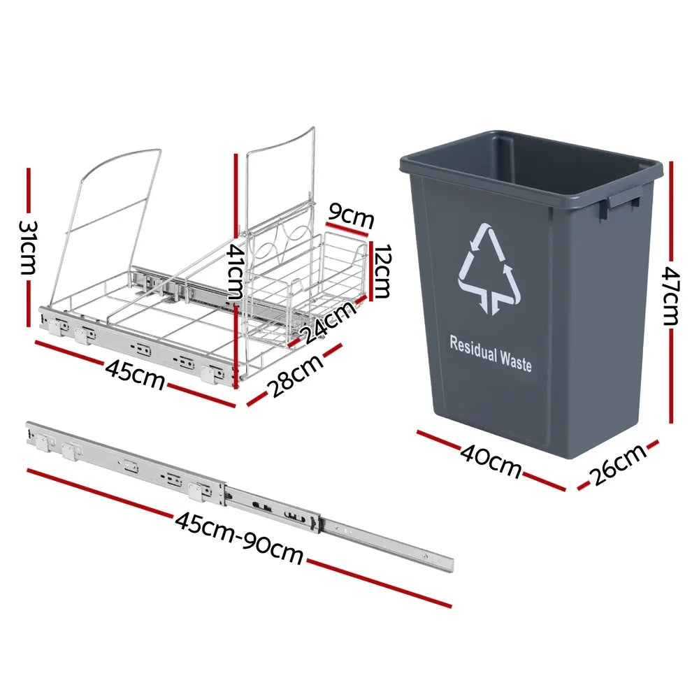 Cefito Pull Out Bin Kitchen Cabinet Slide Garbage Rubbish Bins Basket 40L Grey - Mekamart Australia