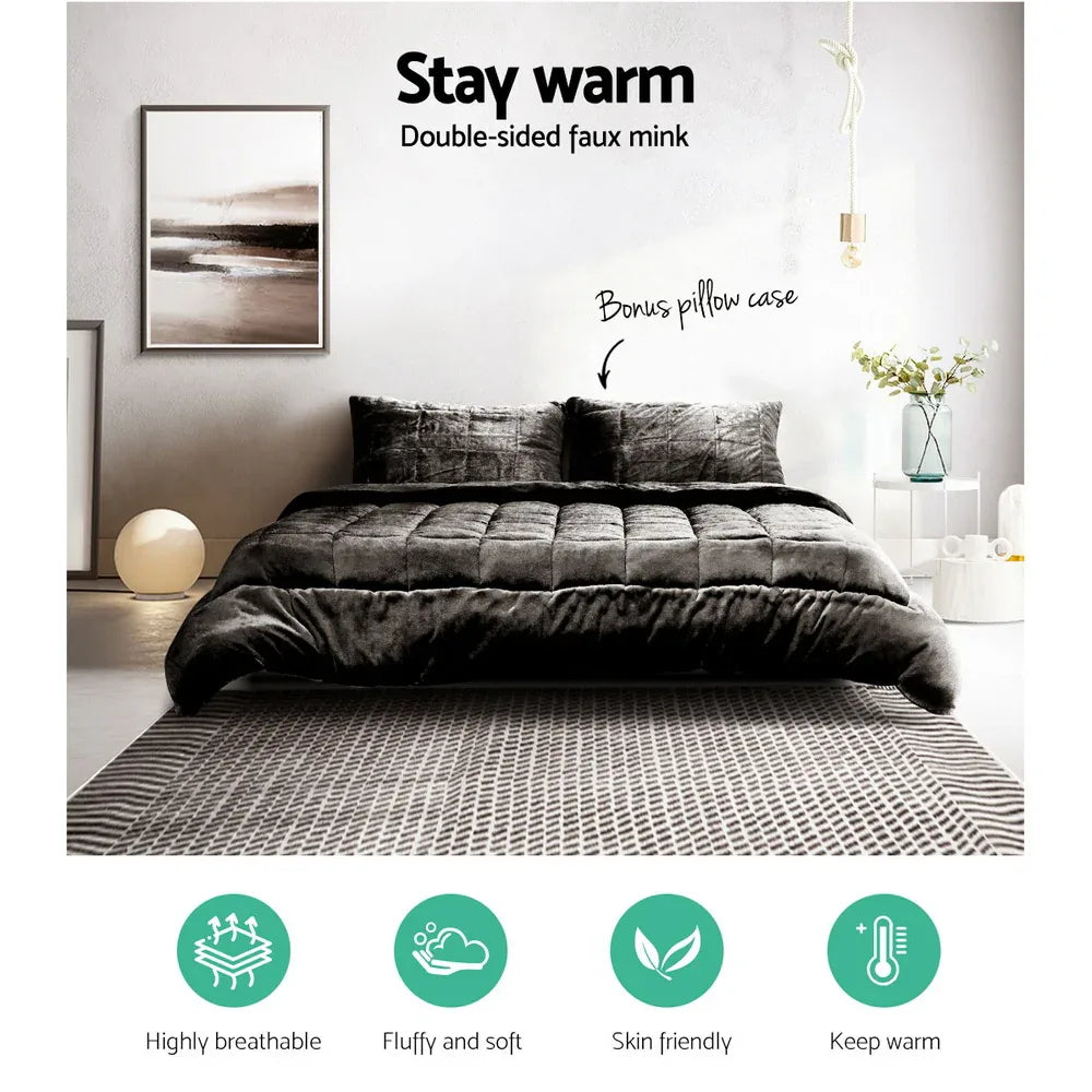 Giselle Bedding Faux Mink Quilt Charcoal King - Mekamart Australia