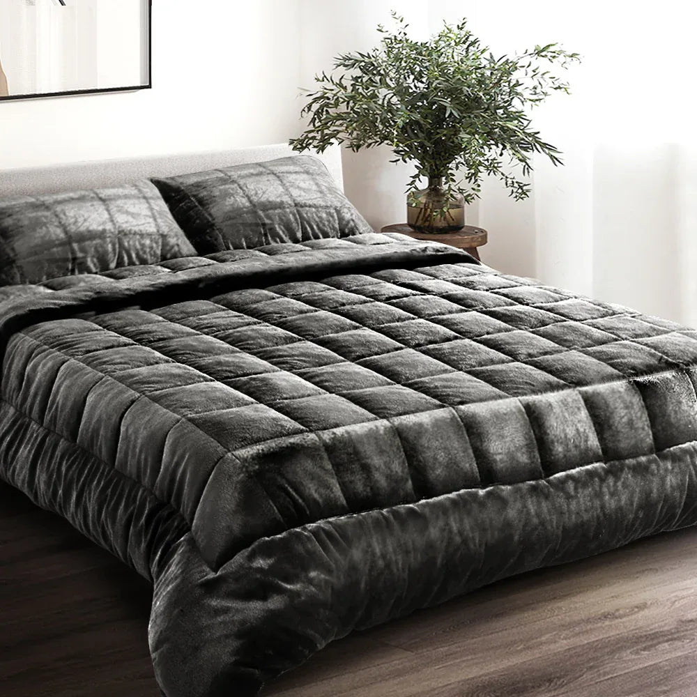 Giselle Bedding Faux Mink Quilt Charcoal Queen - Mekamart Australia