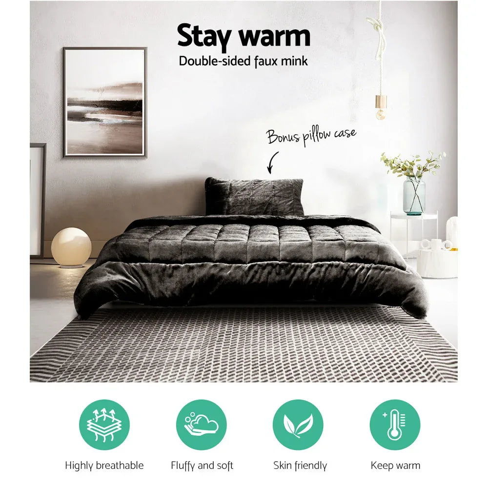 Giselle Bedding Faux Mink Quilt Charcoal Single - Mekamart Australia