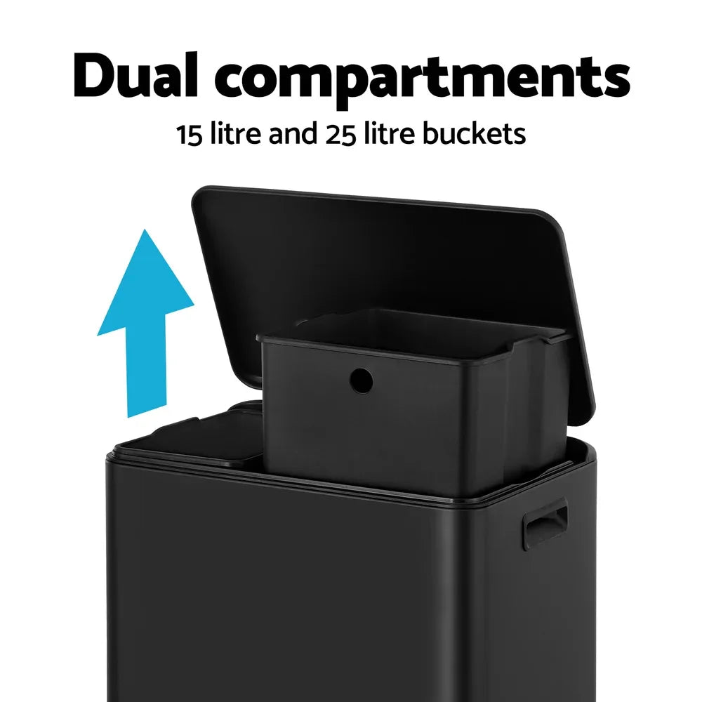 Cefito Pedal Bins Rubbish Bin Dual Compartment Waste Recycle Dustbins 40L Black - Mekamart Australia