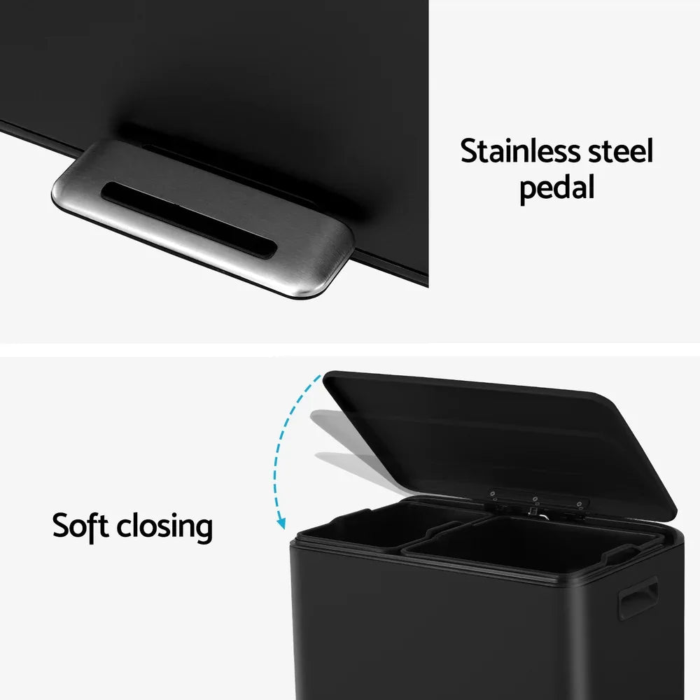 Cefito Pedal Bins Rubbish Bin Dual Compartment Waste Recycle Dustbins 40L Black - Mekamart Australia