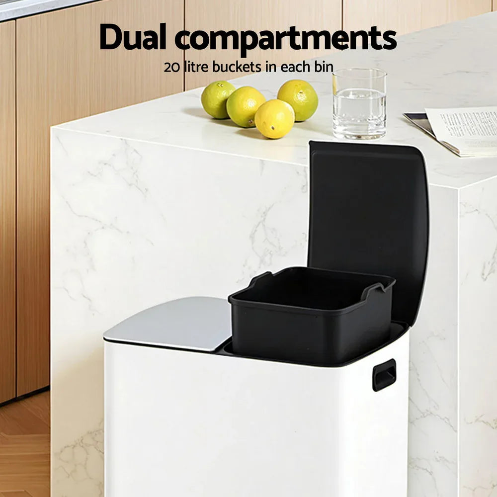 Cefito Pedal Bins Rubbish Bin Dual Compartment Waste Recycle Dustbins 40L White - Mekamart Australia
