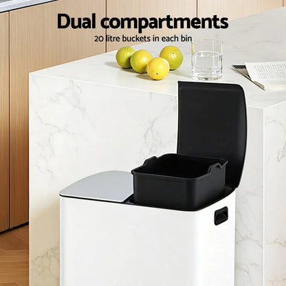 Cefito Pedal Bins Rubbish Bin Dual Compartment Waste Recycle Dustbins 40L White - Mekamart Australia
