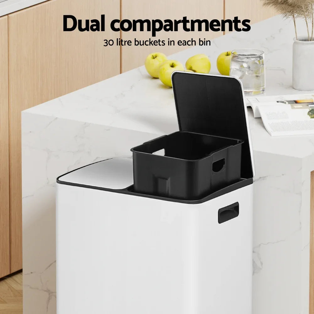 Cefito Pedal Bins Rubbish Bin Dual Compartment Waste Recycle Dustbins 60L White - Mekamart Australia
