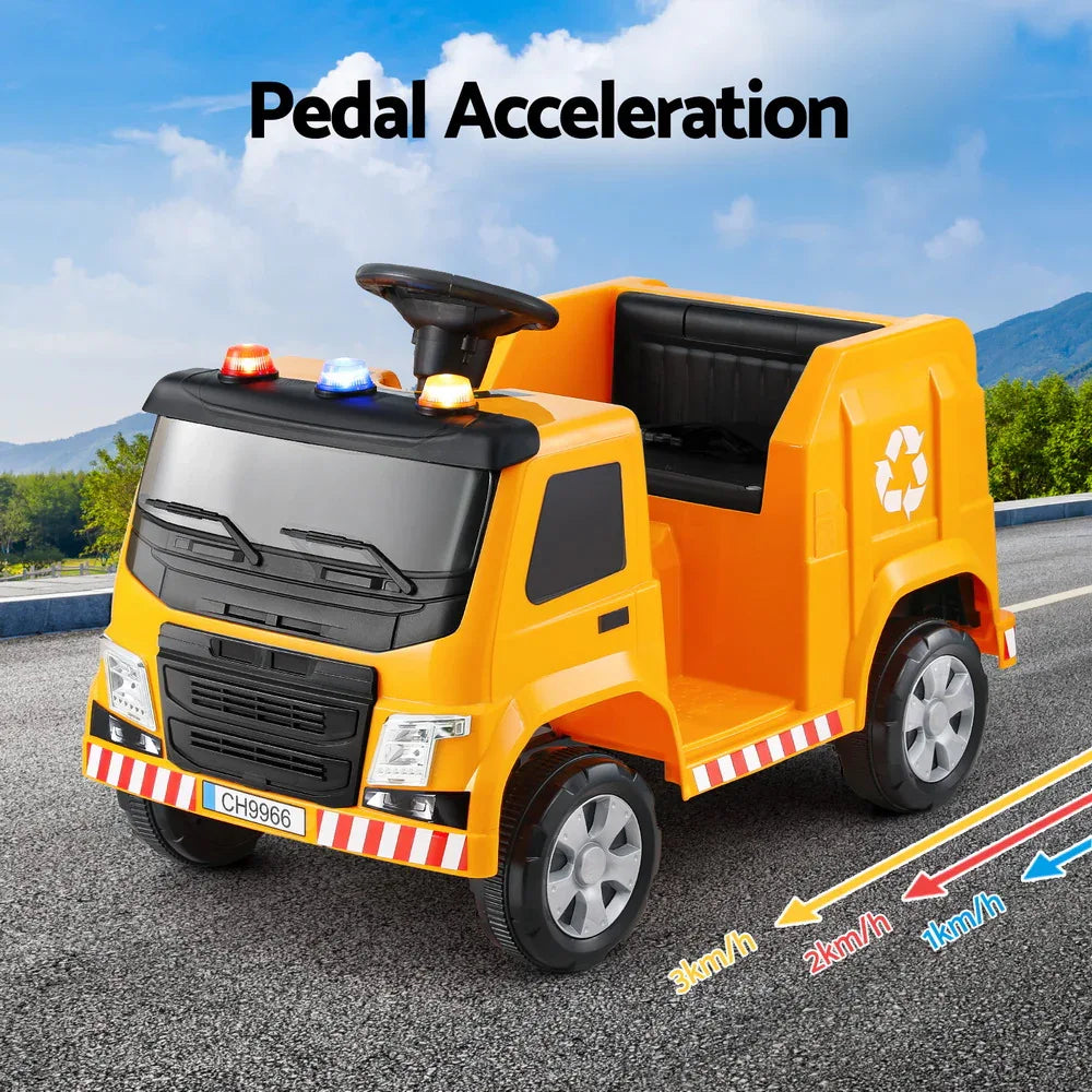 Rigo Kids Ride On Car Garbage Truck Police Light 12V Electric Toys Cars Yellow - Mekamart Australia