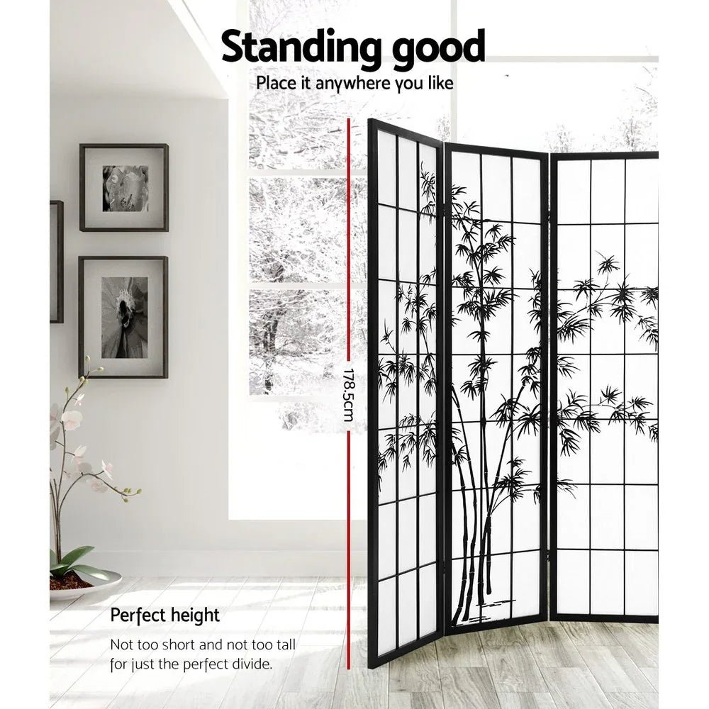 Artiss 4 Panel Room Divider Screen 174x179cm Bamboo Black White - Mekamart Australia