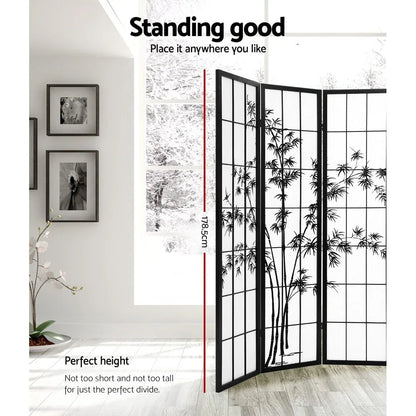 Artiss 4 Panel Room Divider Screen 174x179cm Bamboo Black White - Mekamart Australia