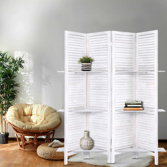 Artiss 4 Panel Room Divider Screen 163x170cm Shelf White - Mekamart Australia